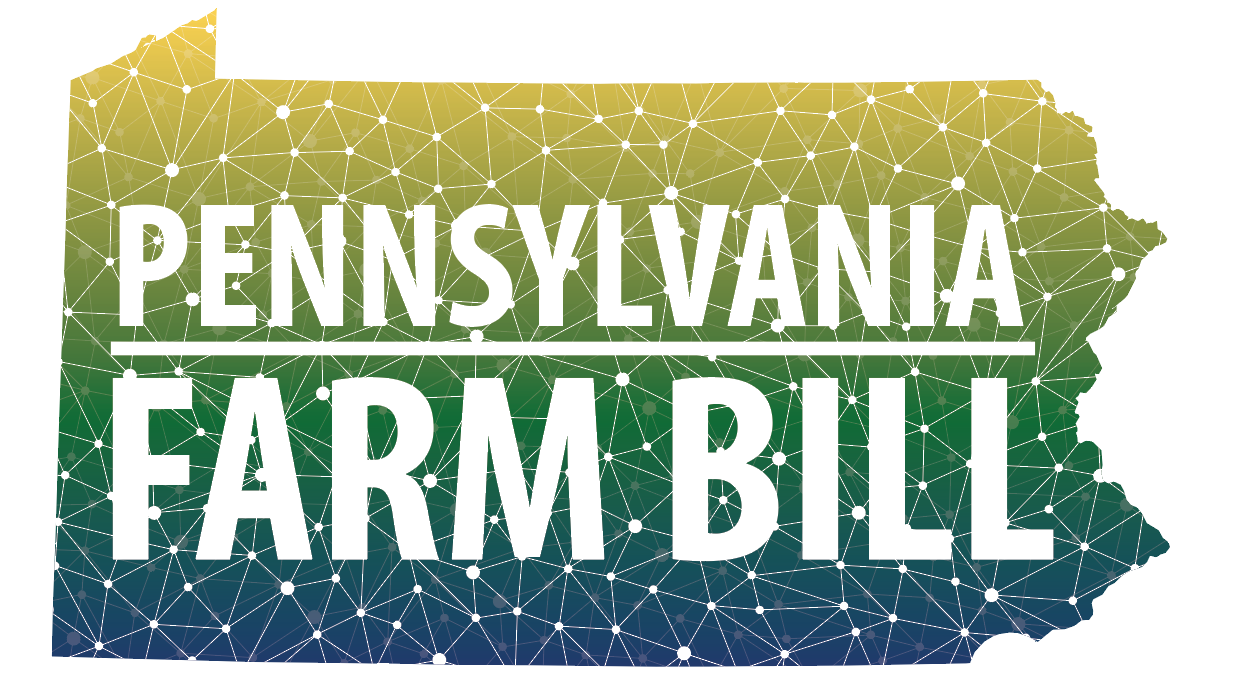 Green, yellow, and blue outline image of state of Pennsylvania. White text on image reads "Pennsylvania Farm Bill"