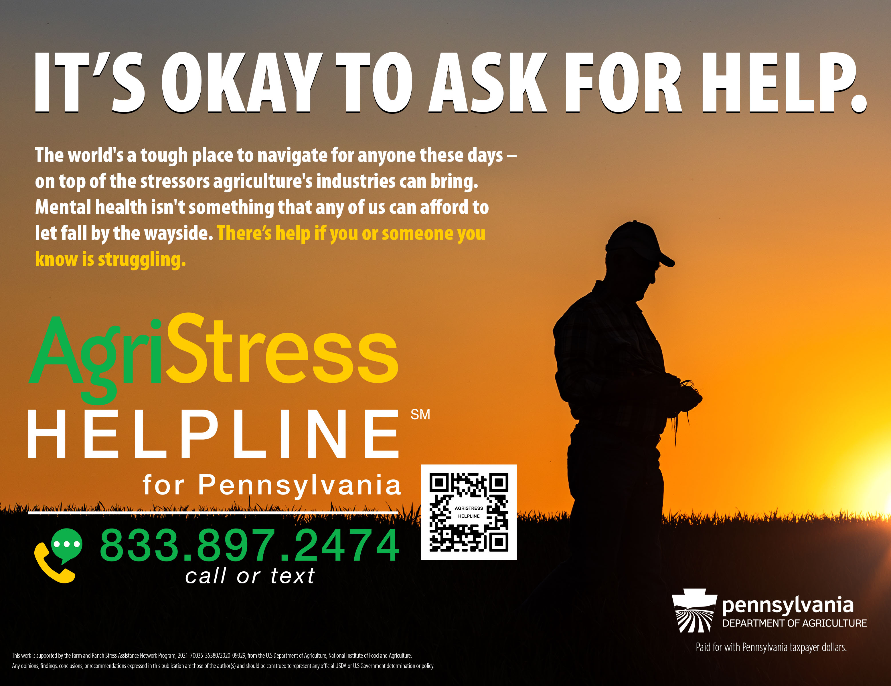 Farmer staing in field at sunset with logo for AgriSafe Helpline